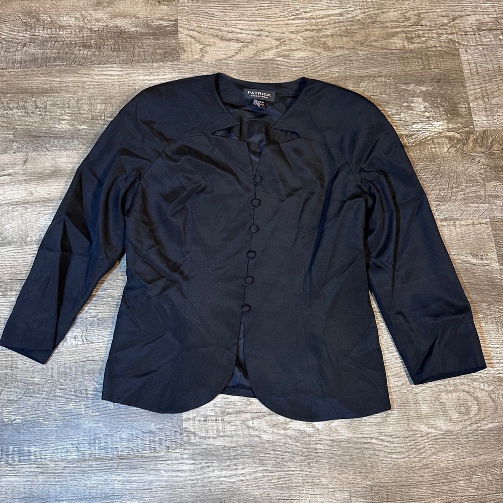 Patrick Collection Black 100% Silk Button Front Blazer Jacket Size 16